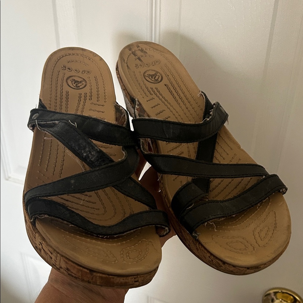 CROCS Black Strappy Sandals With Cork Style Wedge Heels Sz 11